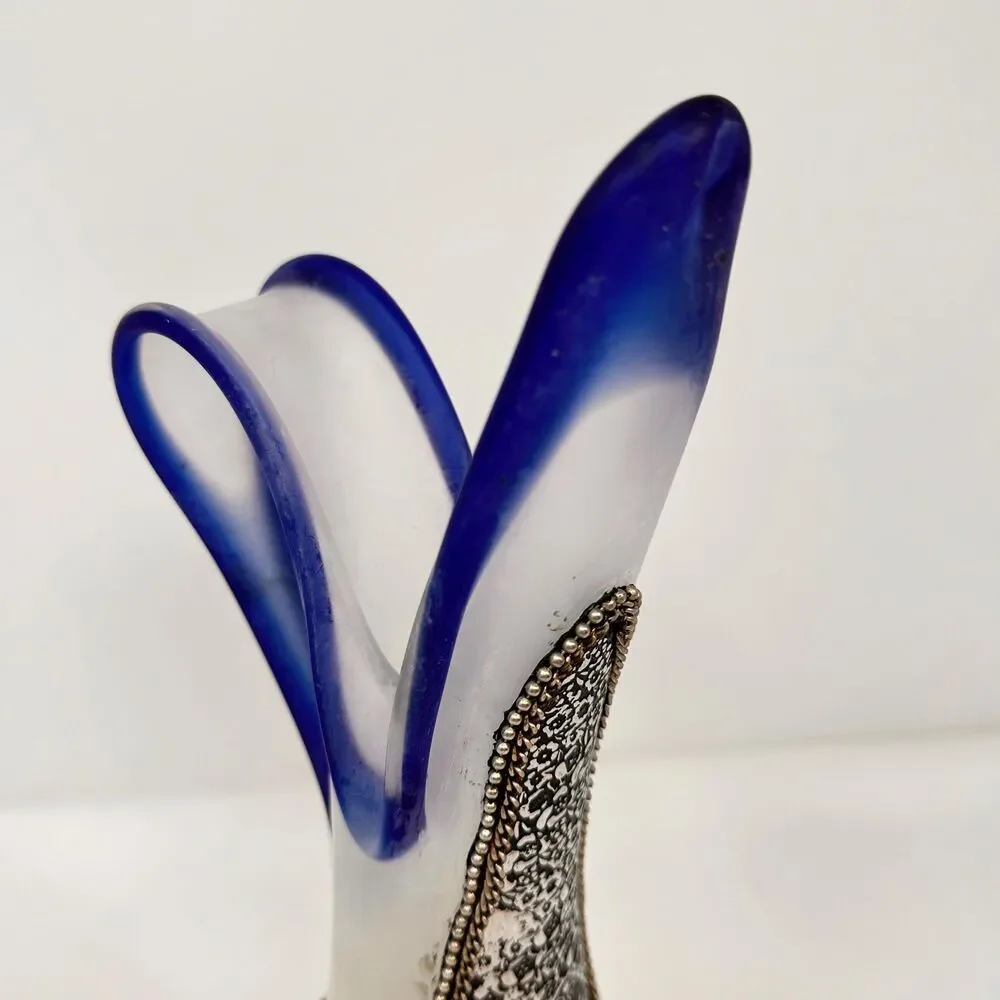 Vintage Moroccan Art Glass Vase Cobalt Blue Ruffled Hand Blown Metal Overlay Boh
